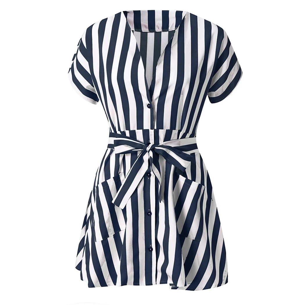 Женское Короткое платье в полоску с v образным вырезом на пуговицах повседневное