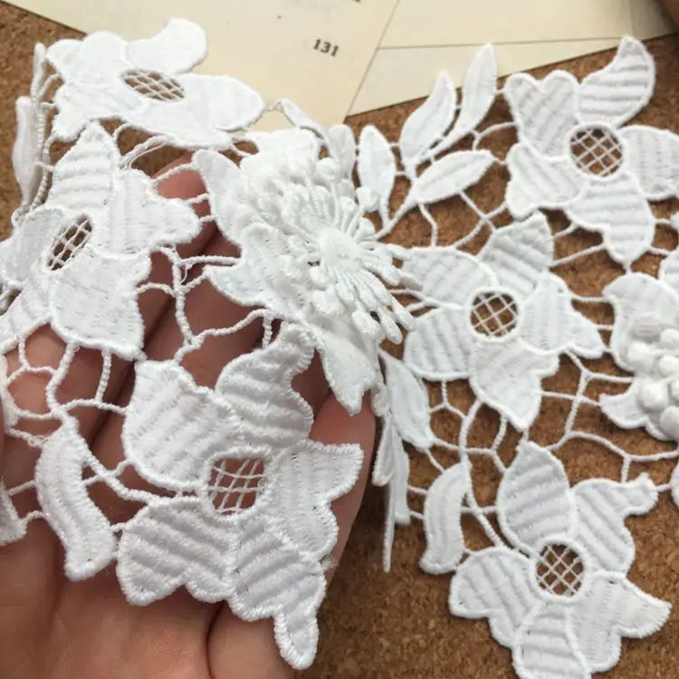 14 см широкая Изысканная белая 3D кружевная ткань из Дубая вышивка Водорастворимая