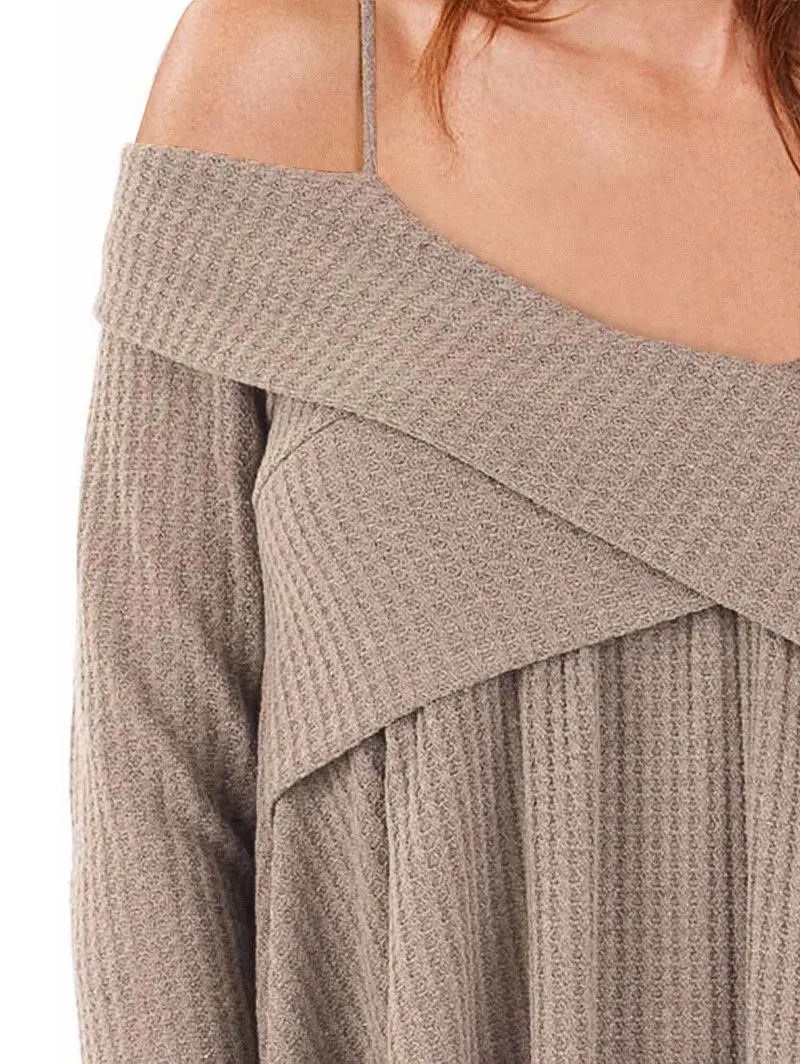 ZAFUL Cold Shoulder Crisscross Tunic Sweater Casual Solid Spaghetti Strap Long Sleeve Pullover Jumpers Ladies Tops Pull Femme | Женская
