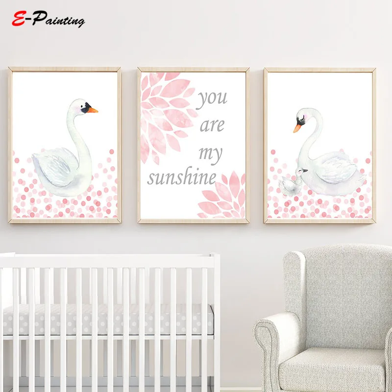 Modern Swan Wall Art Print Baby Girl Nursery Decor Pink and White Girls Bedroom Canvas Painting Prints Unframed | Дом и сад