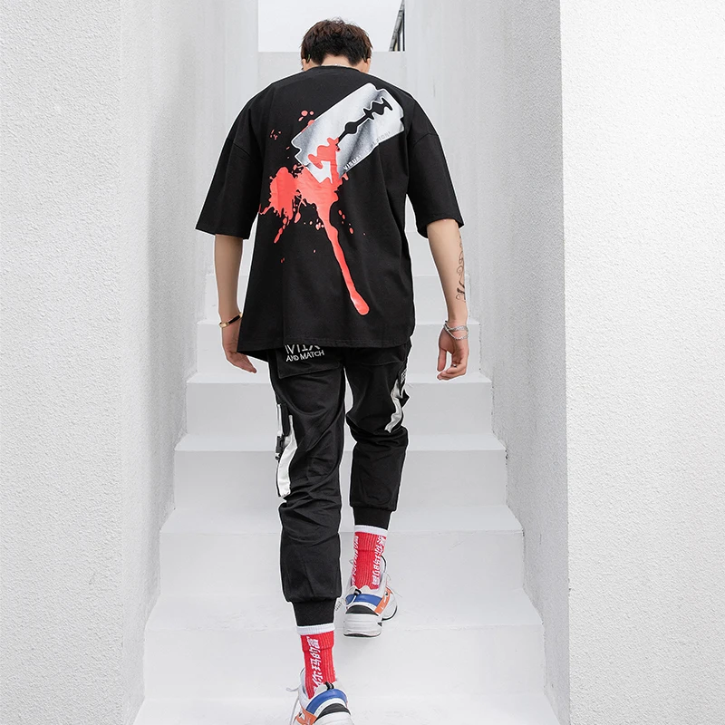 2019 summer new dropshipping blade drop blood print short-sleeved shirt men and women couple casual oversized fashion T-shirt | Мужская