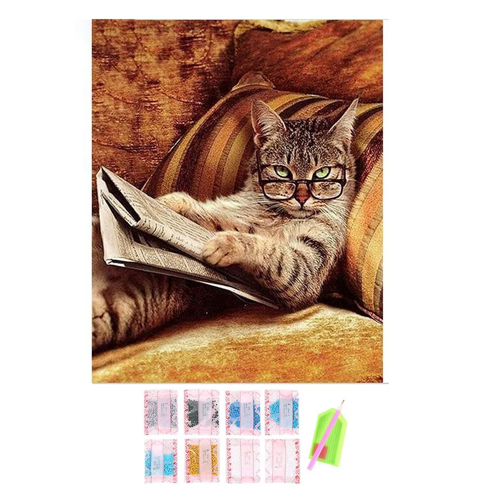 Очки кошка лежа на диване книга для чтения сделай сам Алмазная вышивка 5d алмазная