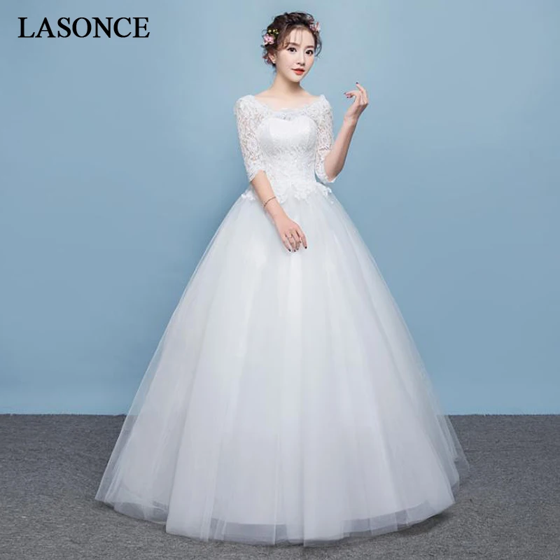 

LASONCE Illusion O Neck Lace Appliques Ball Gown Wedding Dresses Elegant Half Sleeve Tulle Backless Bridal Gowns