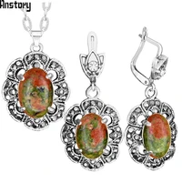 natural green unakite jewelry set rhinestone vintage look necklace earrings fashion jewelry for women ts426