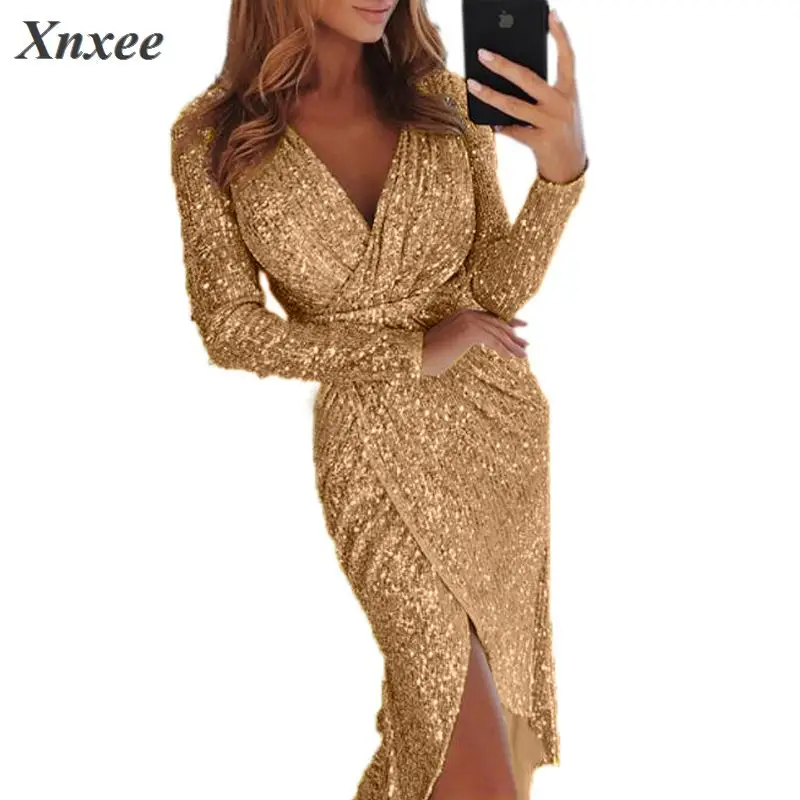 

Sexy party outfit Women's dress for woman V-neck Deep Shiny Sequins Wrap Ruched long sleeve Night Club bodycon dresses