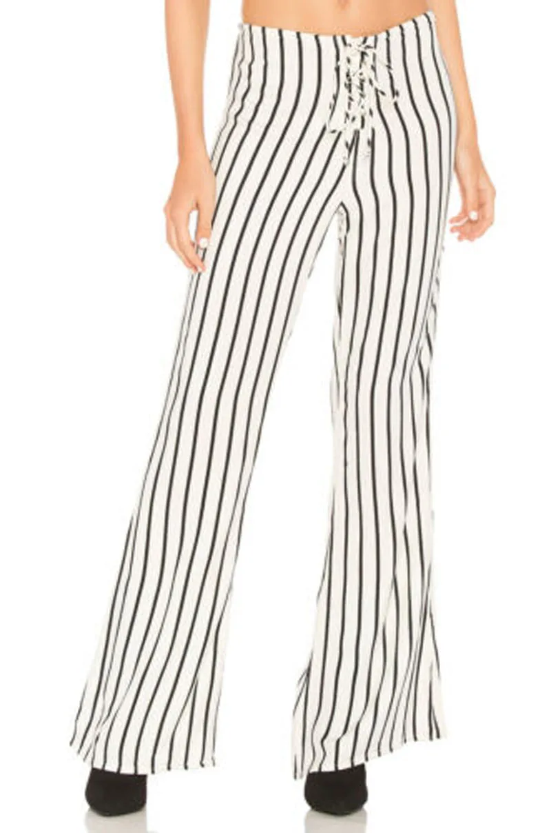 

2019 New Brand Fashion Womens Palazzo Pants Unique Stripe High Waist Casual Wear Wide Leg Loose Trouser