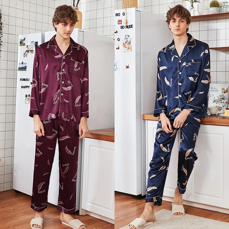 Men's printing Silk Pajama Set Silk Sleepwear Men Sexy Modern Style Soft Cozy Satin Nightgown Summer Spring Home Clothes Suit