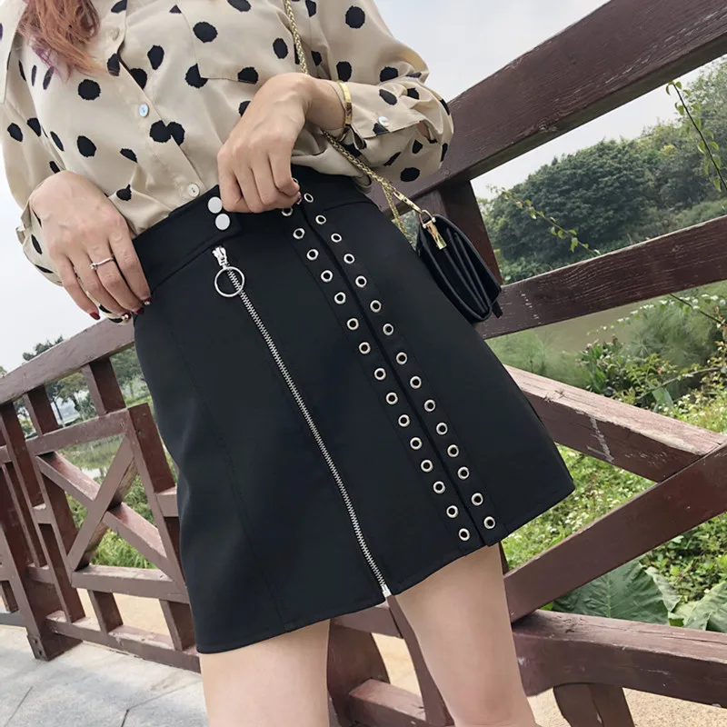 Женская юбка с заклепками и пуговицами на молнии модная трапециевидная
