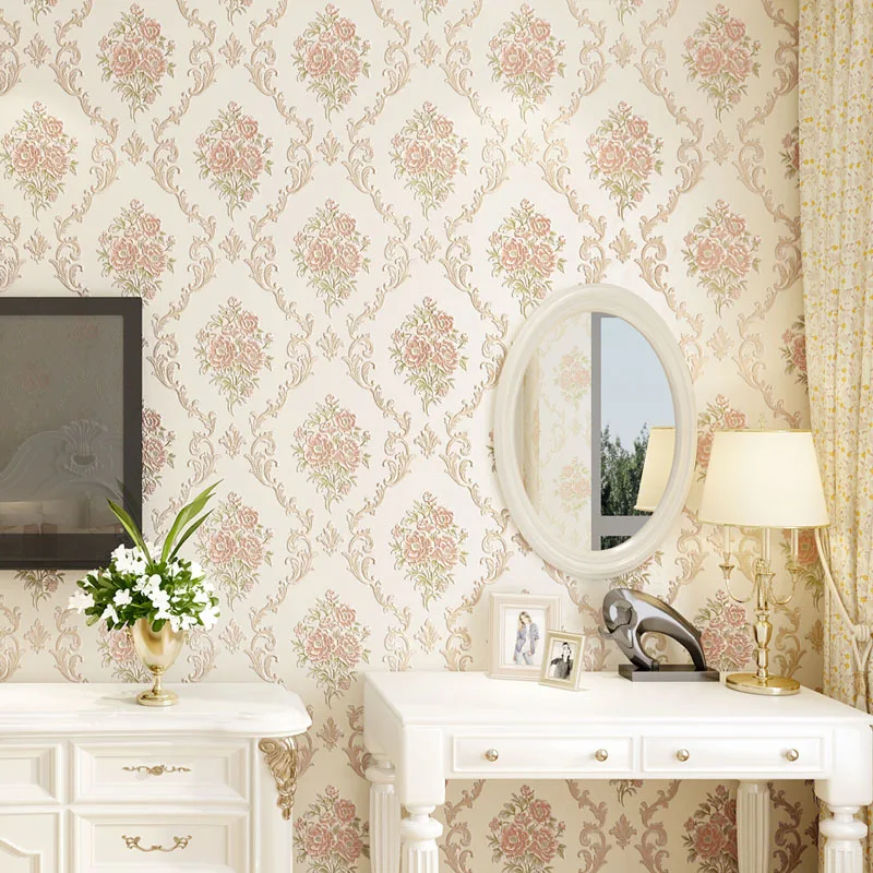 Европейские Большие цветочные обои 3d рельефные Дамаск рулон Сладкая спальня