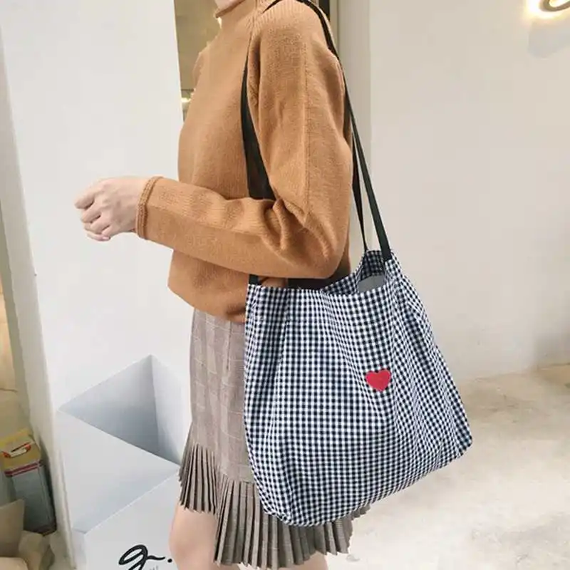 ABDB-Women Canvas Shoulder Bag Black White Plaid Embroidery Ladies Shopping Handbags Totes Cotton Cloth Beach Bags | Багаж и сумки