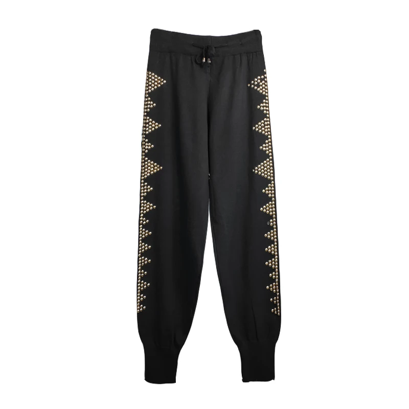 

Qiukichonson Beading Black Women Harem Pants 2019 England Style Spring High Waist Casual Jogger Pants Fashion Knitted Sweatpants