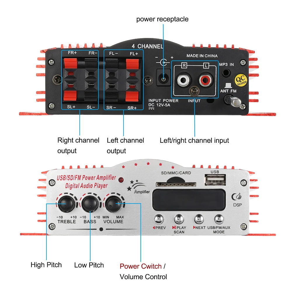 KKMOON 20 Гц кГц 85dB MA200 4 канала Hi Fi стерео аудио усилитель сабвуфер автомобильный MP3