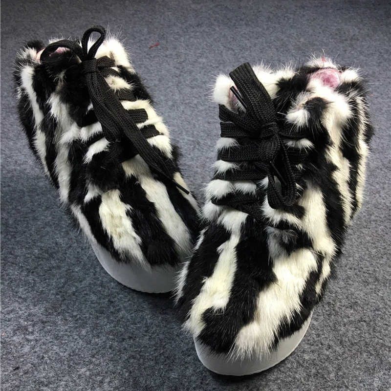 Warm Mink Fur Eskimo Boots Thick Platform Sole Women Colorful Striped Fur Patchwork Snow Boots Winter Lace up Mid Calf Bootst