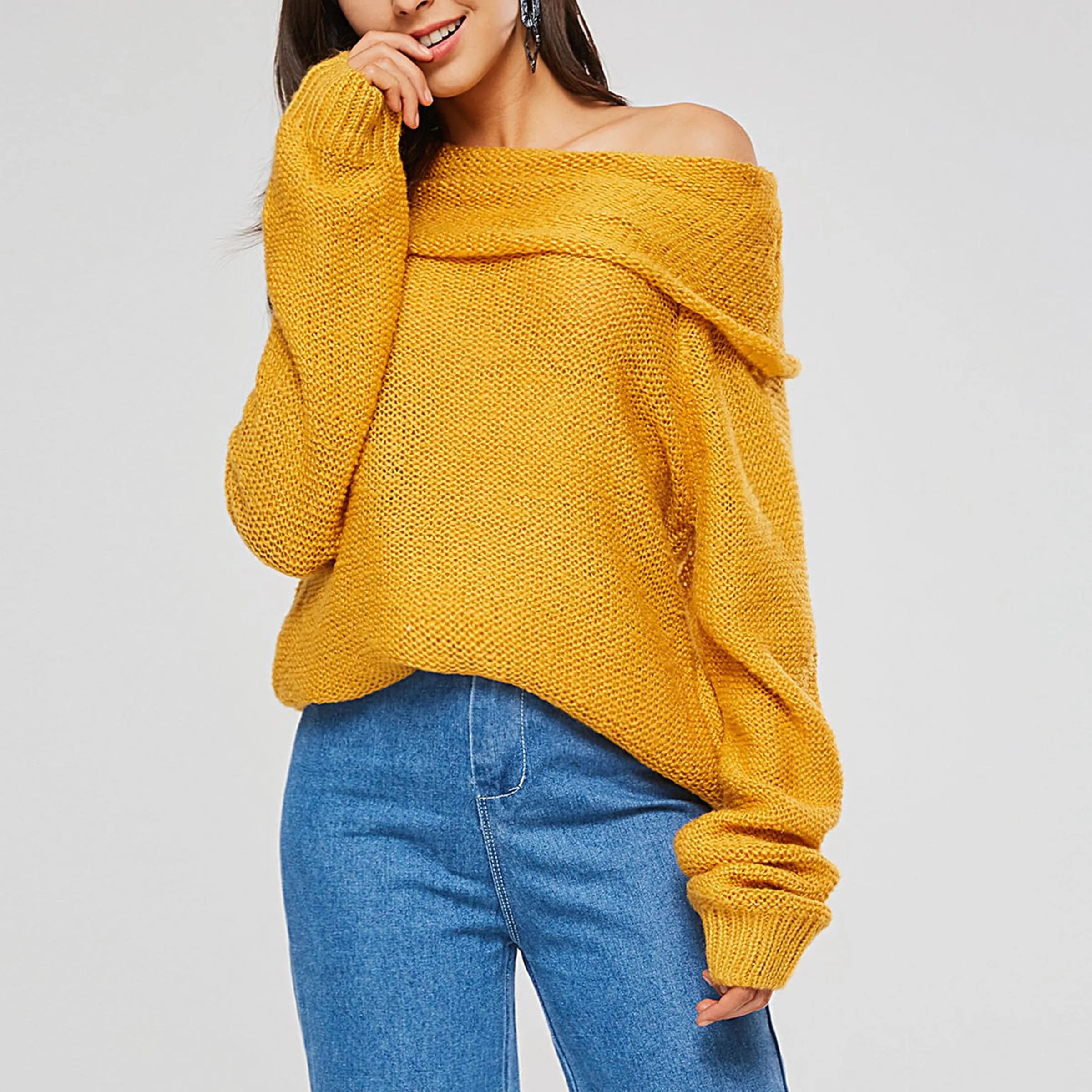 Women Winter Sweaters Casual Boho Yellow Plus Size Loose Pullover Thin Wool Lantern Sleeve Plain Female Fashion OL Tops Knitwear | Женская