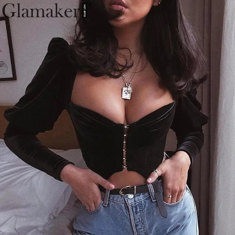 Женская Винтажная Футболка Glamaker черная футболка с длинным рукавом фонариком и