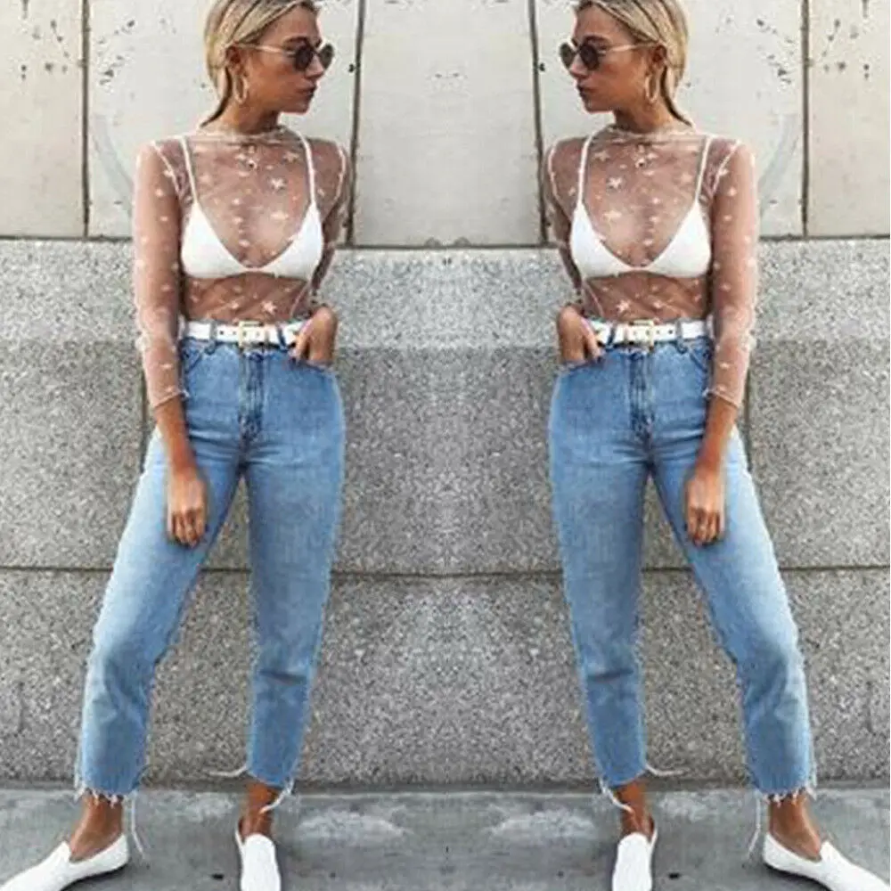 Сексуальная женская прозрачная сетчатая кружевная рубашка с принтом звезд топы