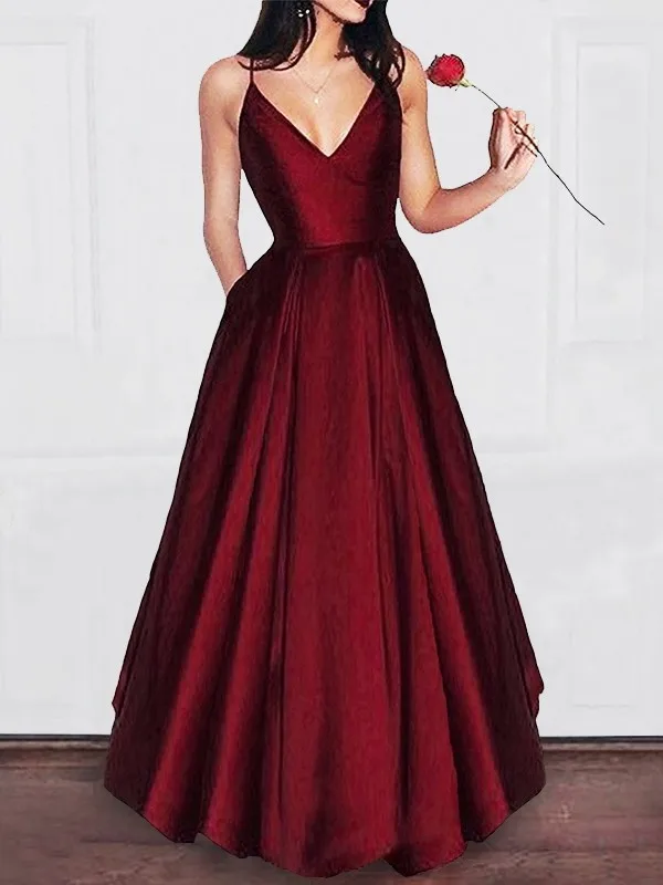 

A-Line V-neck Floor-Length Satin Sleeveless Pleated Evening Dresses