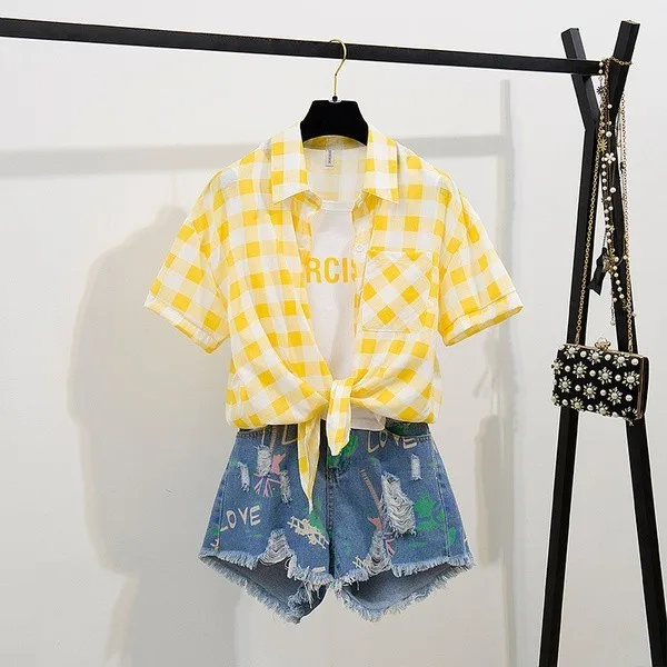 2019 летний женский комплект модная клетчатая рубашка с коротким рукавом топ +