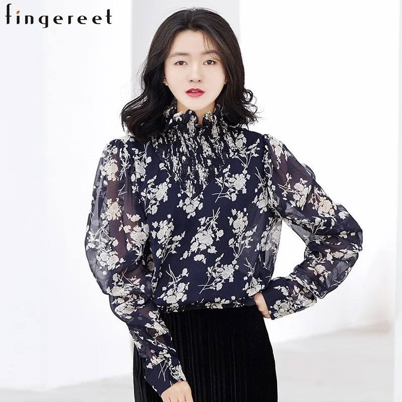 2019 New summer Pattern Fashion Embrace Horn long Sleeve Printing Chiffon Shirt womens tops and blouses print floral elegant |