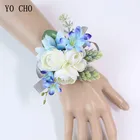 YO CHO, белые шелковые розы, свадебные цветы, браслет на запястье, корсаж, для подружки невесты, синяя бутоньерка для жениха, мужские свадебные принадлежности
