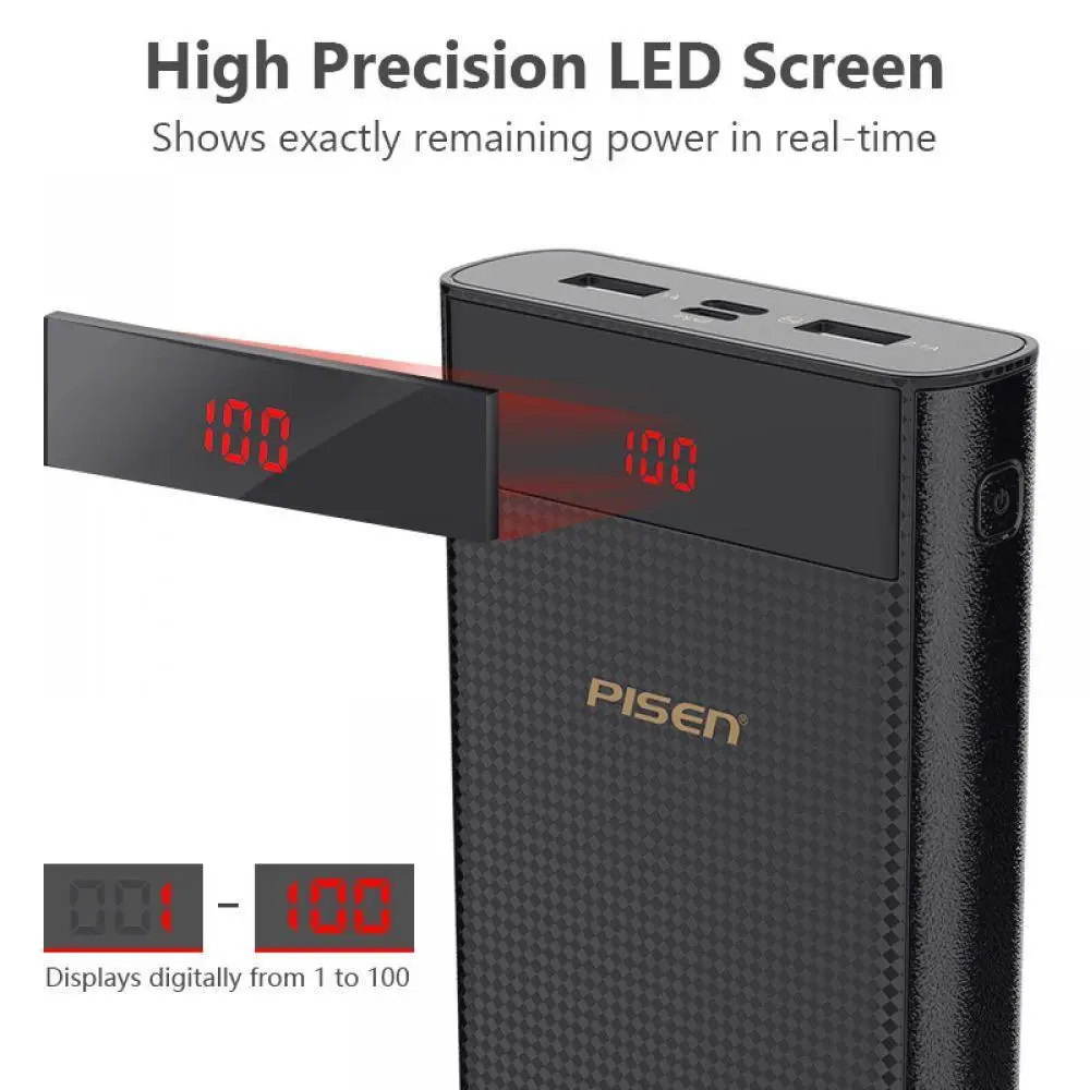 PISEN 20000 мАч power Bank type C Micro USBLED внешний портативный аккумулятор Двойной USB быстрая