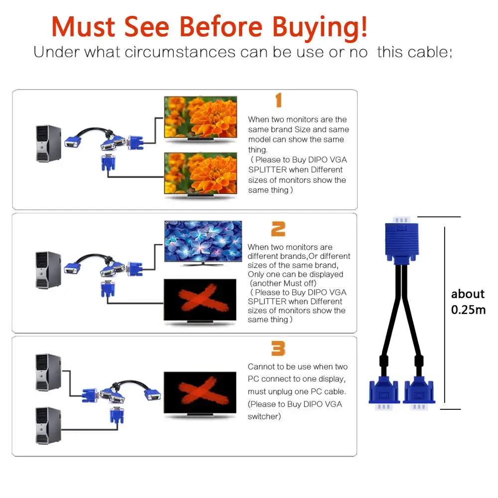 DIPO кабель VGA 3 + 6/1 Мужской вход в 2 женских выхода от одного до двух ПК к монитору