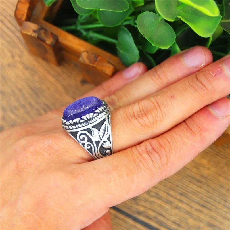 Oval Lapis Lazuli Stainless Steel Rings Natural Stone Leaf Plant Vintage Fashion Jewelry TR730 |