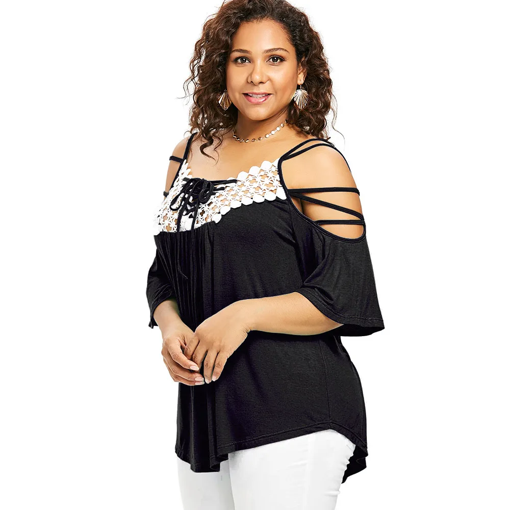 Wipalo Plus Size Cutwork Cold Shoulder Strappy T-Shirt Women Top Summer Casual T Shirt Spaghetti Strap 3/4 Sleeve Ladies Tops | Женская