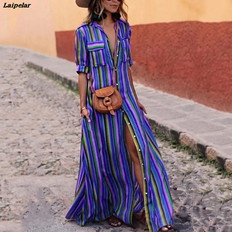 

Plus Size S-3XL Womens Rainbow Striped/Polka Dot Dress Ladies Button Down Half Sleeve Long Female Maxi Dress with Pockets