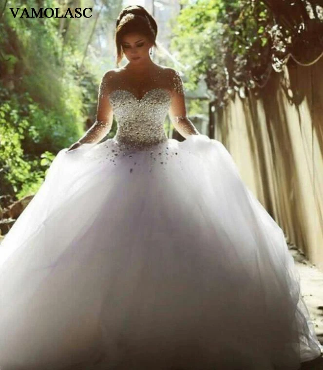 VAMOLASC Luxury Crystal Sweetheart Tulle Ball Gown Wedding Dresses Illusion Long Sleeve Court Train Backless Bridal Gowns | Свадьбы и