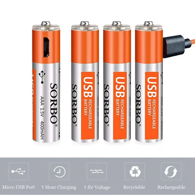 USB перезаряжаемые AAA литиевые батареи порт для зарядки Micro 1 5 В/400 мАч