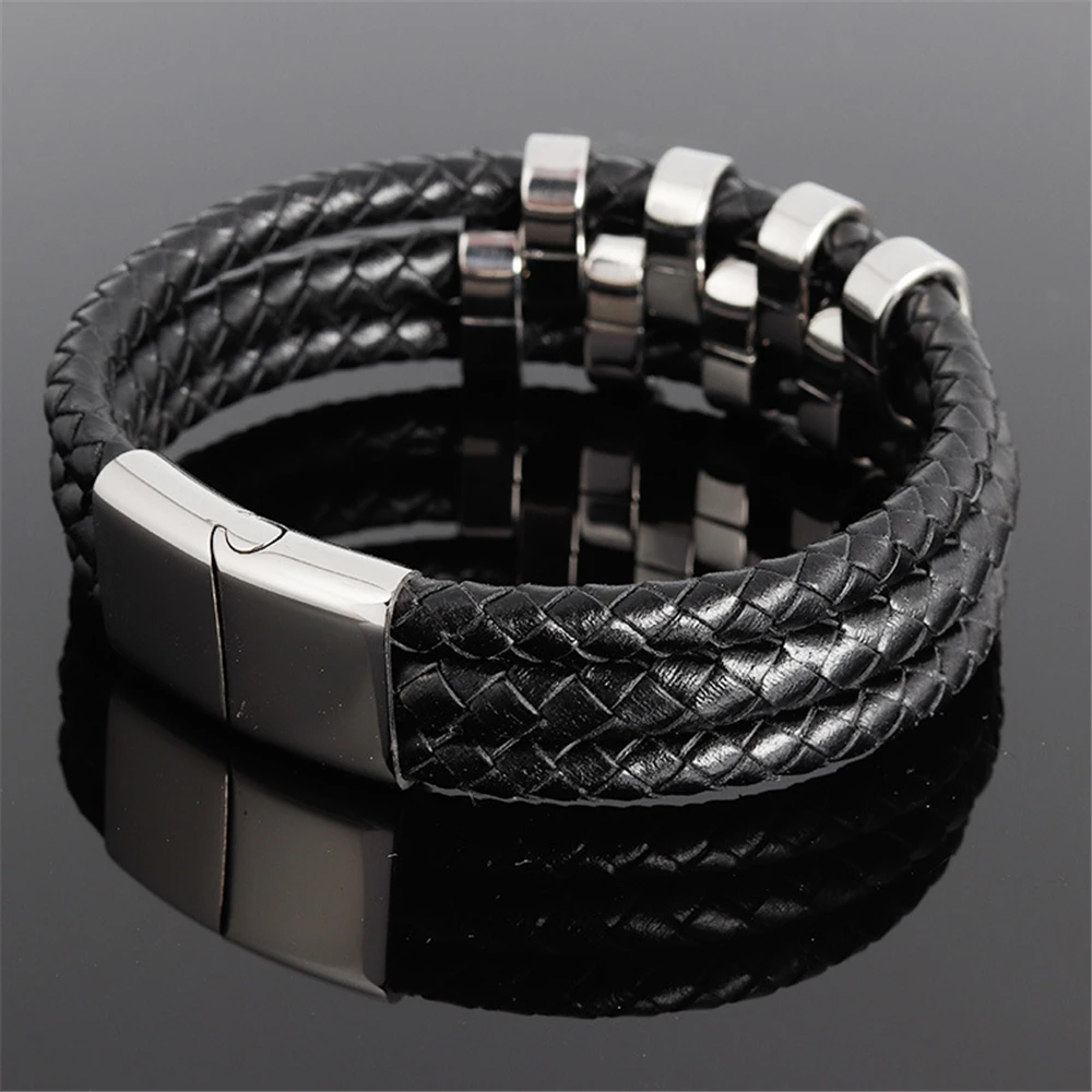 Fashion Genuine Leather Bracelet for Men Jewelry Punk Stainless Steel Buckle Bangle 3 Wrap Black Braid Rope Chain | Украшения и