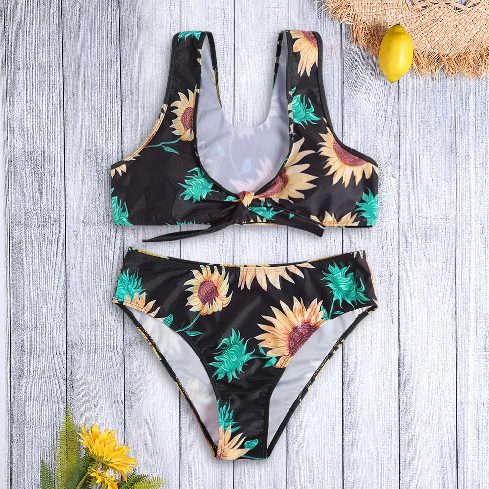 Женский купальник бикини с цветочным принтом на завязках со средней талией