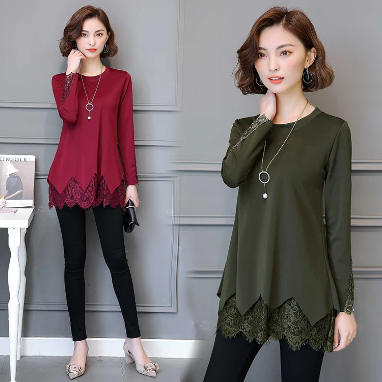 Winter Basic Shirts Blouses Hot Sales Women Fashion Long Sleeve Patchwork Hollow Out Top Pink Black Lace Tunic Blouse 3712 |