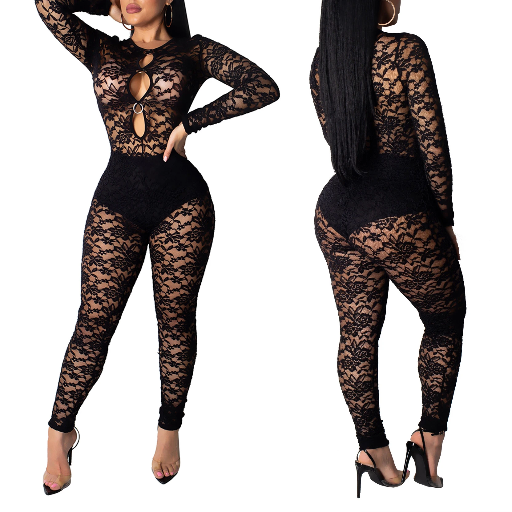 

HAOOHU Long Sleeve Black Lace Jumpsuit Hollow Out See Through Mesh Bodycon Overalls One Piece Sexy Club Rompers Womens Jumpsuit