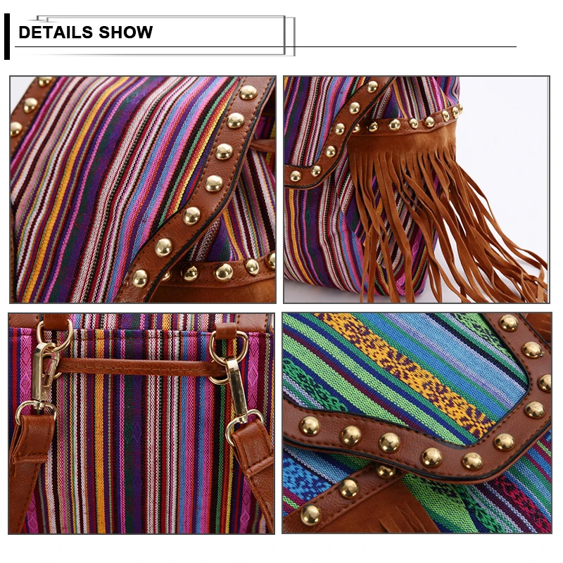 

Fashion Ethnic Women's Canvas Bag Casual Tassel Backpack Street Rivet Shoulder Bags Women String Travel Backpacks Lady