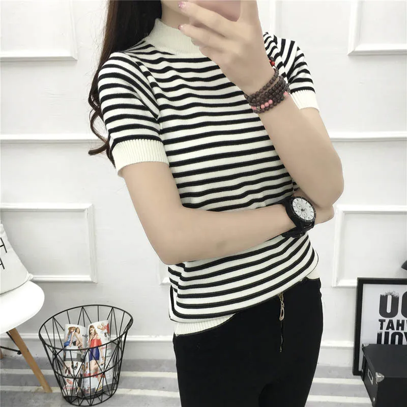 summer sweater black white stripe short sleeve thin Sweater Women Casual basic Knit Pullovers slim female Cashmere 2019 | Женская одежда