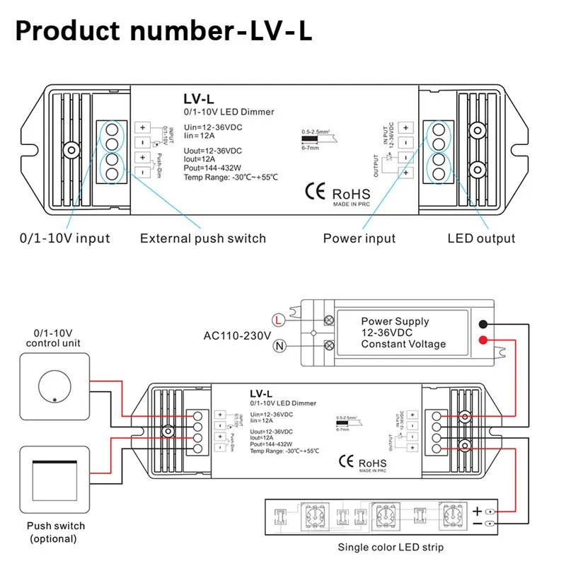 CLAITE LV-L DC12-36V To 0/1-10V PWM Constant Current LED Dimmer Controller for Single Color Strip Light | Освещение