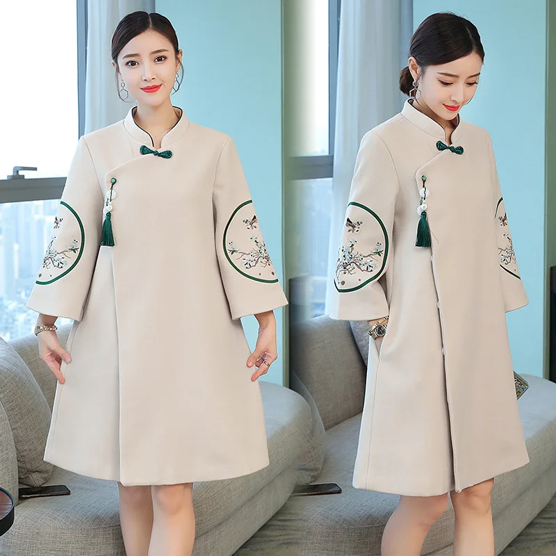 

2019 Autumn And Pattern Ancient Ways In National Customs Easy Apricot Long Sleeve Thickening Improvement Cheongsam Hanfu Dress