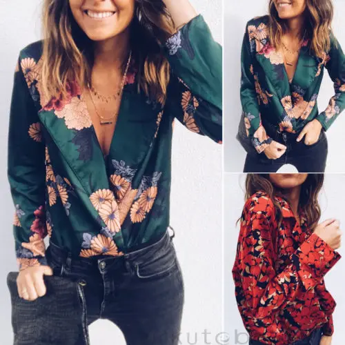 2019 Brand New Women Sexy Deep V-Neck Long Sleeve Floral Print Tops Loose Blouse Casual Bodysuit Elegant Workwear Female Wear | Женская