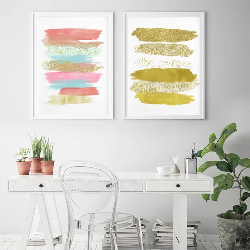 

Modern Gallery Posters Abstract Wall Art Textured Canvas Painting Gold and Colorful Brust Prints Pictures for Living Room Decor