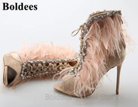 fashion colorful rhinestone wih feather decor thin high heel sandals woman bling bling heeled open toe sandal boots