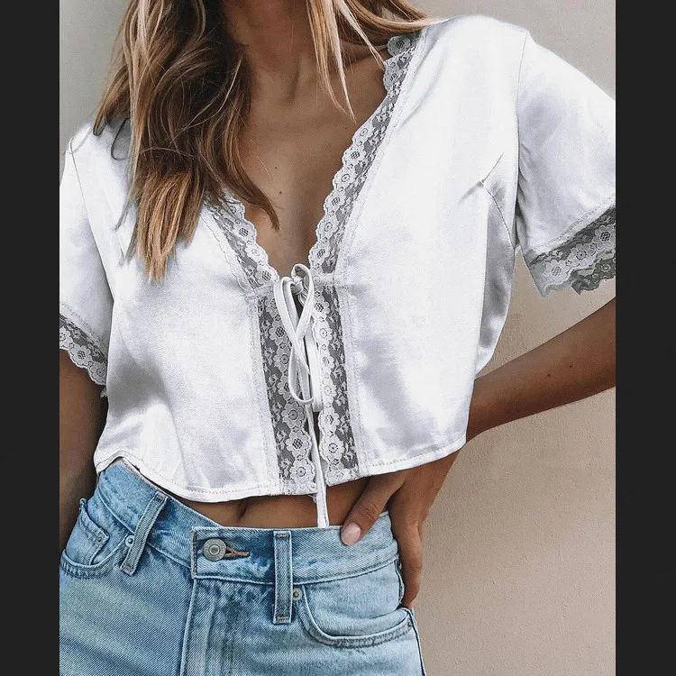Фото New Fashion Women's Sexy Short Sleeve Lace Silk Satin Shirt Crop Tops Blouse Женская одежда New Fashion Women's Sexy Short Sleeve Lace Silk Satin Shirt Crop Tops Blouse Женская одежда