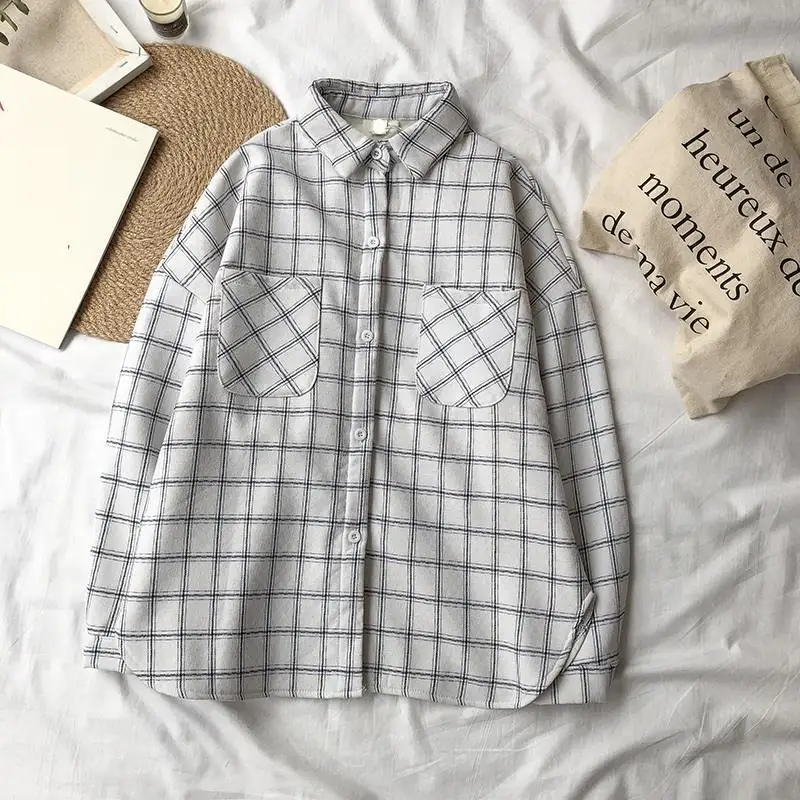 Plaid Loose Clothing Shirt Ropa Haut Femme Blusas Mujer Bayan Bluz Tops 2018 Autumn Winter women Korean Long Sleeve Blouse |