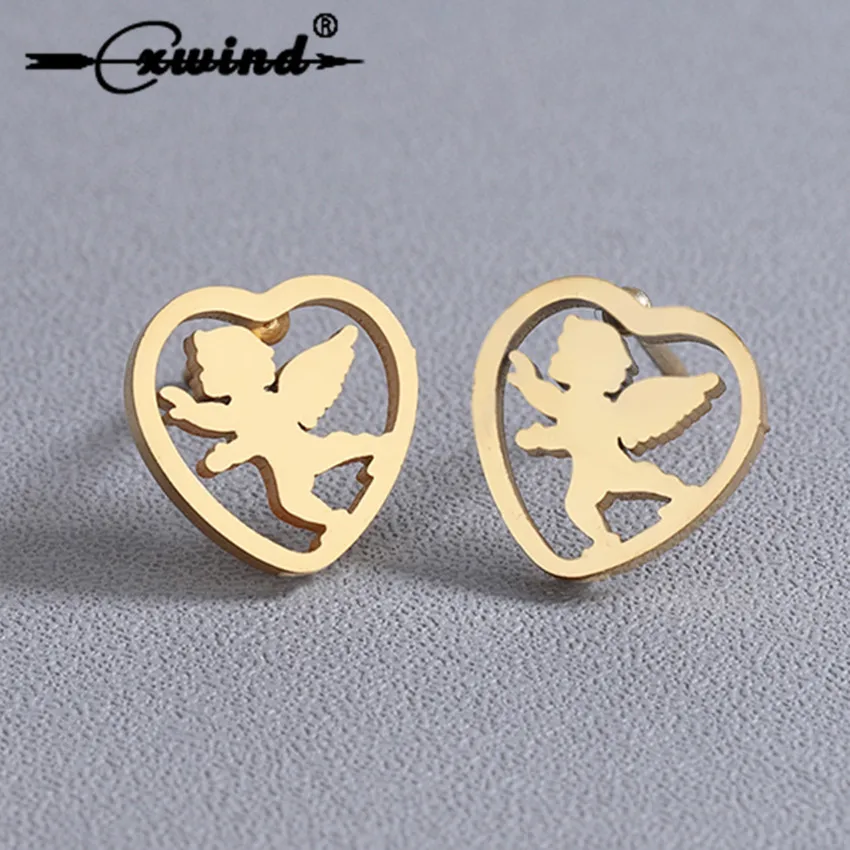 

Cxwind New Gold Color Hollow Angel Cut Geometry Earrings Heart Sweet Gold Love Earrings for Women Gifts Stainless Steel Jewelry