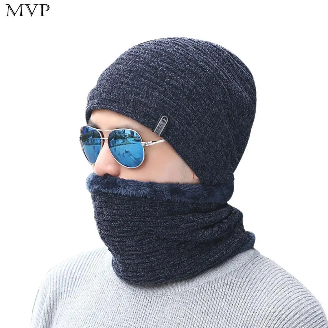 Men Winter Warm Solid Plush Hat Casual Street Outdoor Beanie 2 Pcs/Set &amp Skull Spring Fall Cap Scarf Set |
