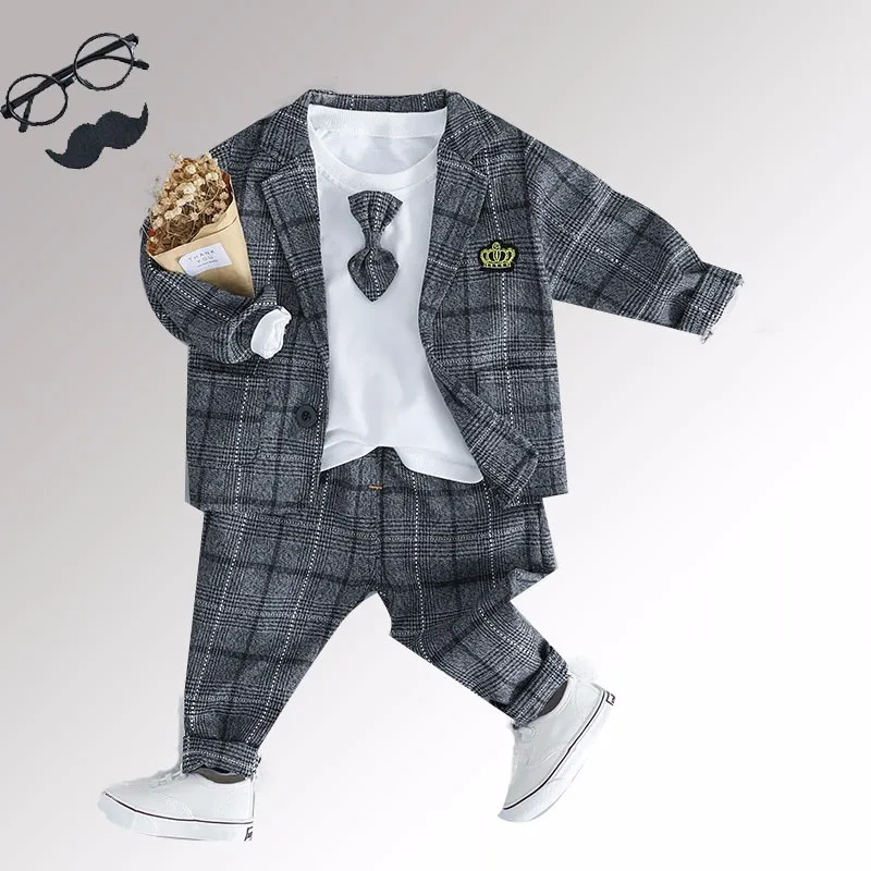 2020 New Spring Baby Boys Clothing Male Children Suits Kid Gentleman Tie Style Coats T Shirt Pants 3PCS/Sets Grid Infant Clothes | Детская