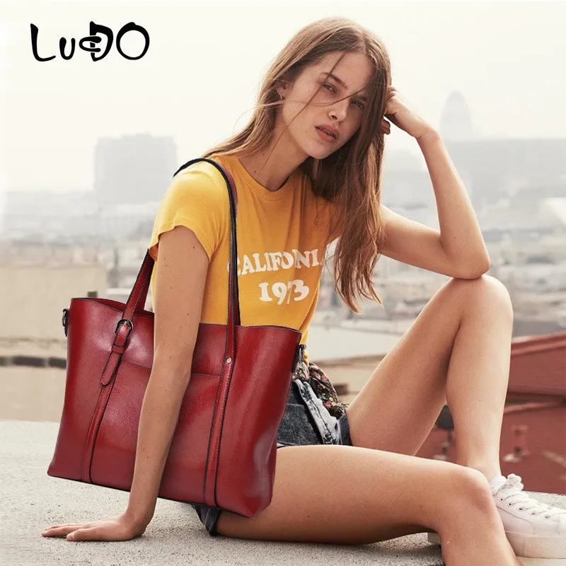 

LUCDO Vintage Oil Wax Handbags Luxury Women's PU Leather Hand Bags Designer Messenger Bag Ladies High Capacity Top-handle Tote