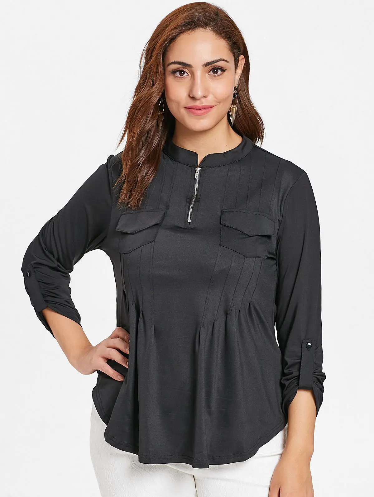 2018 плюс Размеры передние карманы Half Zip футболка Для женщин осень-зима v-образным