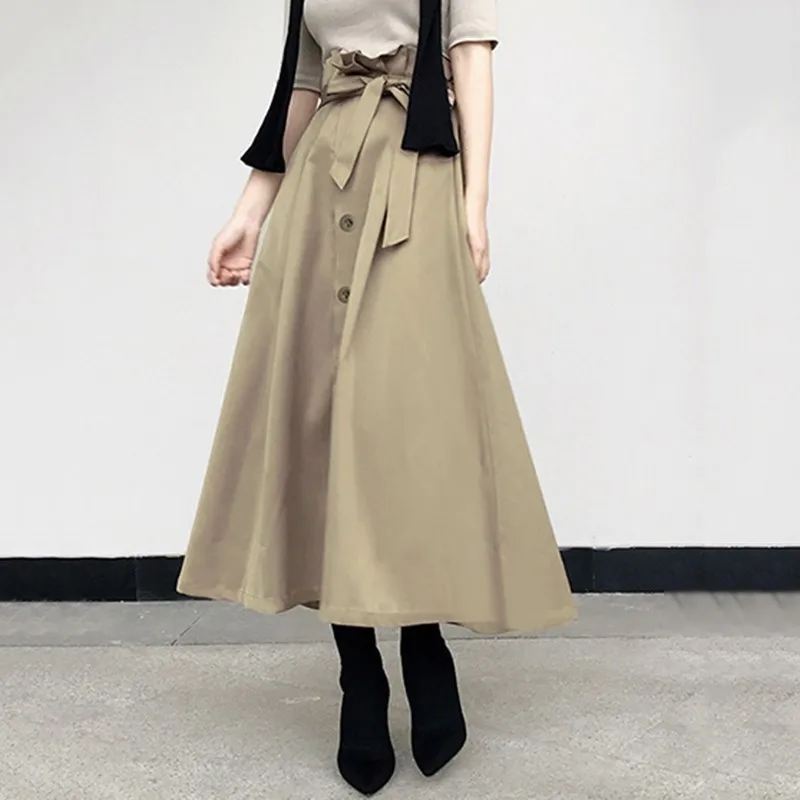 CHICEVER Autumn Winter Women's Skirt Bow Bandage High Waist Big Hem Long Skirts For Women Korean Fashion Vintage Clothes Tide | Женская